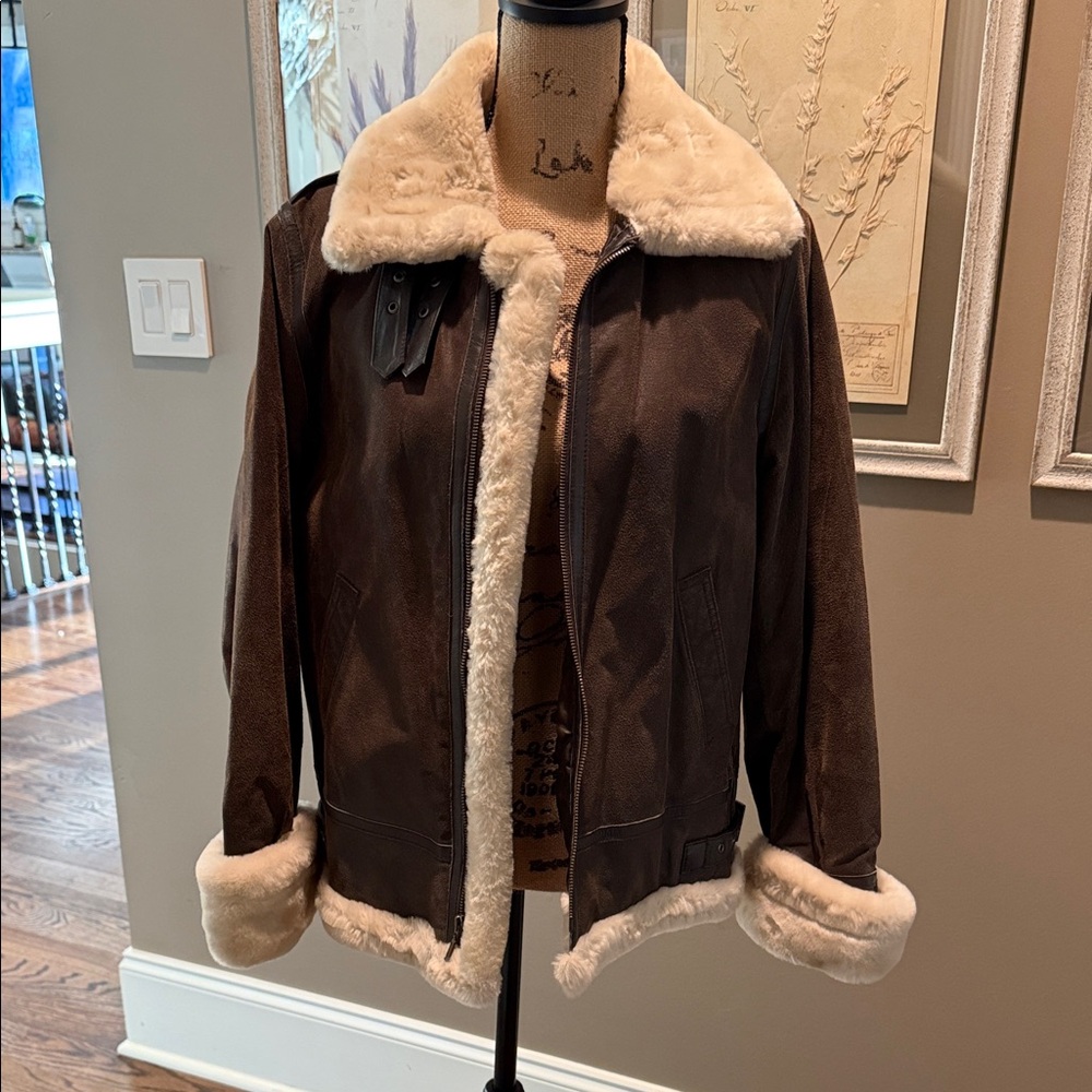 Brown leather with faux fur accent bomber jacket